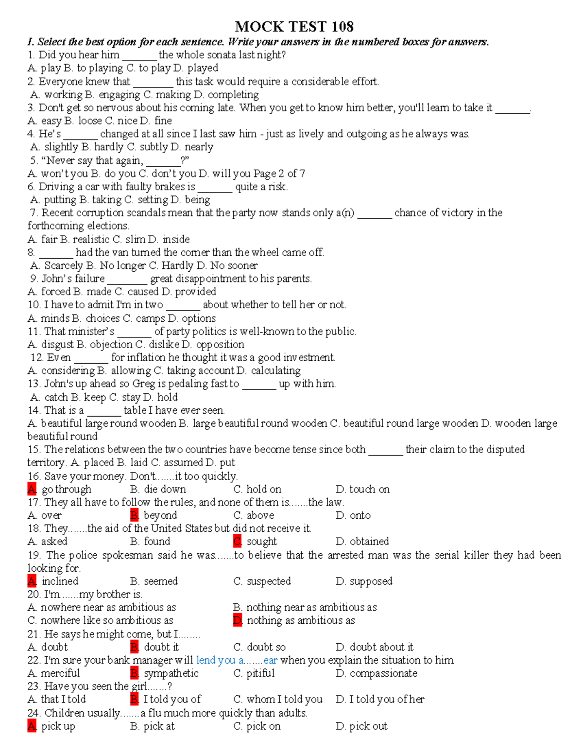 MOCK TEST 108 - mmb: Select the Best Answers and Grammar Correction ...