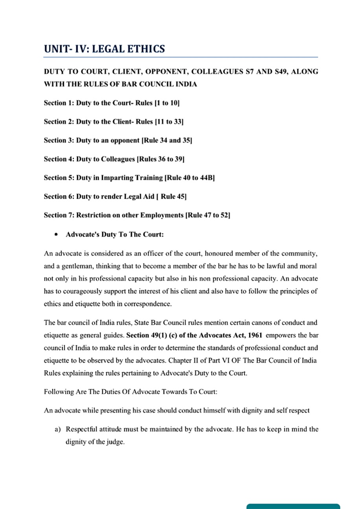 Legal Ethics & Duties of Advocates - Notes (Course Code: UNIT-4) - Studocu