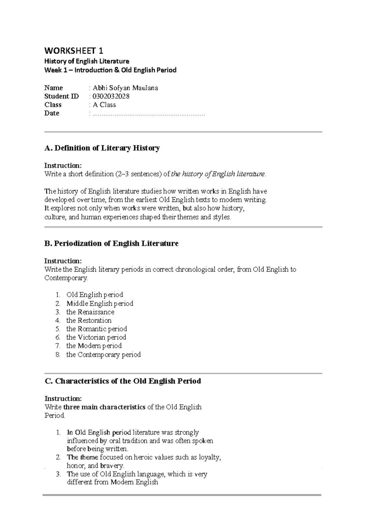 Worksheet 1: Intro to English Literature - Old English Period - Studocu