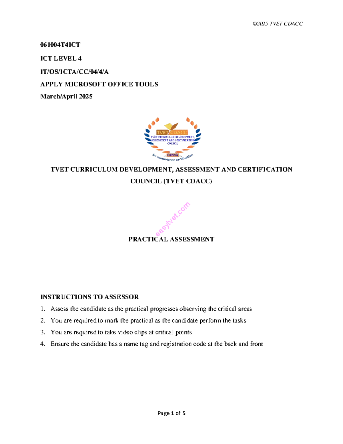 TVET CDACC 061004T4ICT ICT Level 4 Practical Assessment Instructions ...