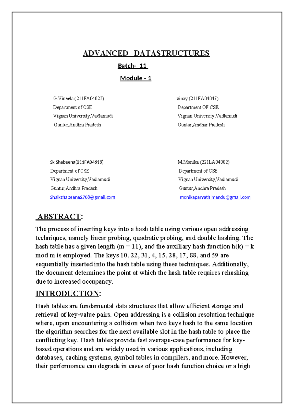 Advanced Data Structures (CSE 211) - Hash Table Insertion Techniques ...