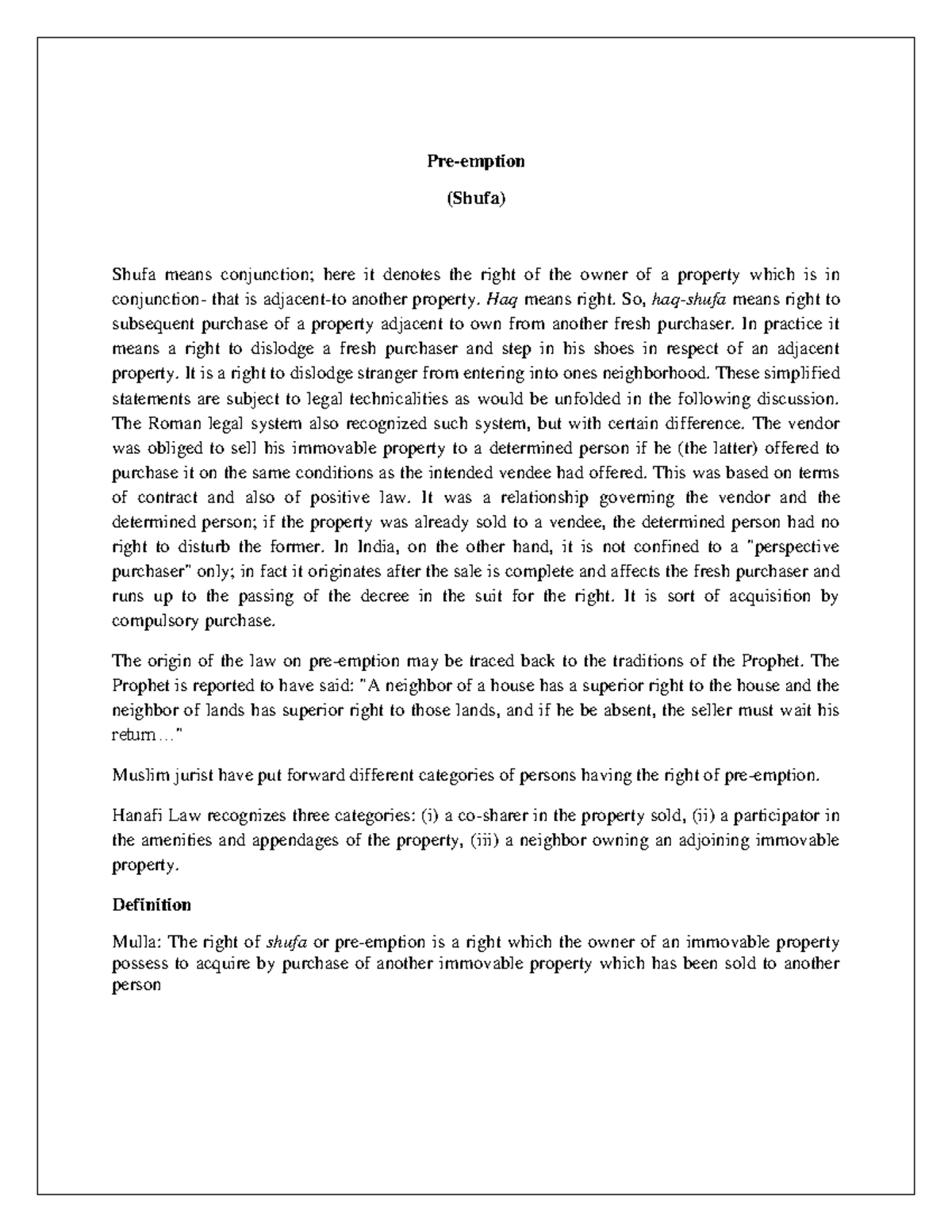 Family Law I: Understanding the Right of Pre-emption (Shufa) - Studocu