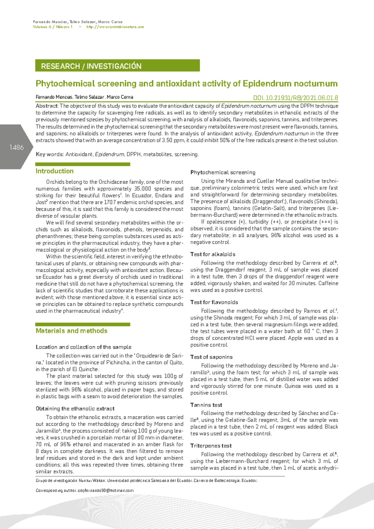 Phytochemical Screening & Antioxidant Activity of Epidendrum nocturnum ...
