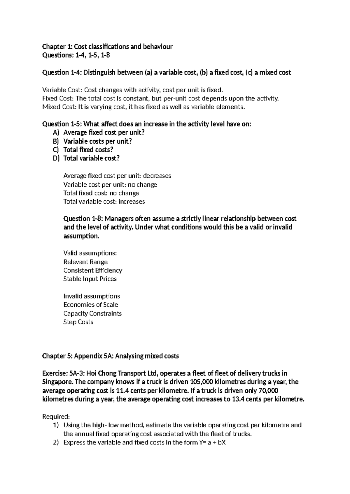 Chapter 1 & 5: Cost Classifications & Mixed Costs Analysis (MGT 101 ...