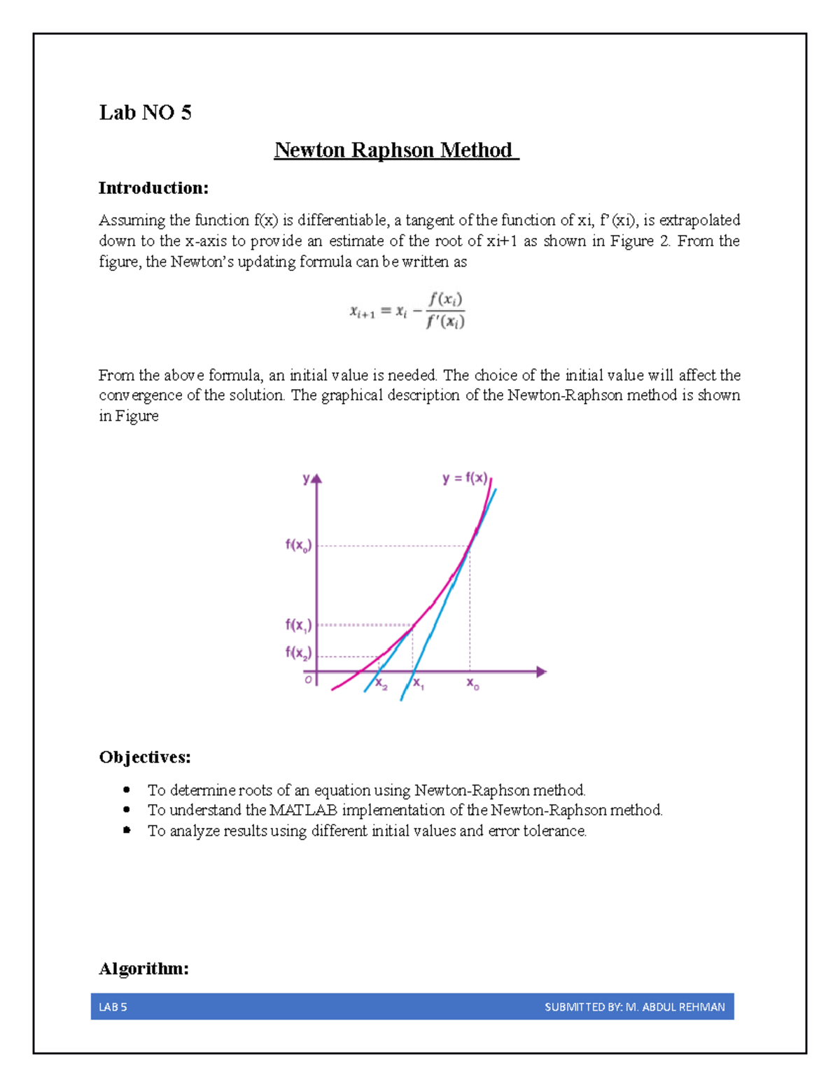ABD LAB 5 - Newton Raphson Method Lab Report in MATLAB - Studocu
