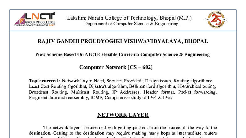 CS 602 Computer Networks: Unit 4 - Network Layer Concepts and Routing ...