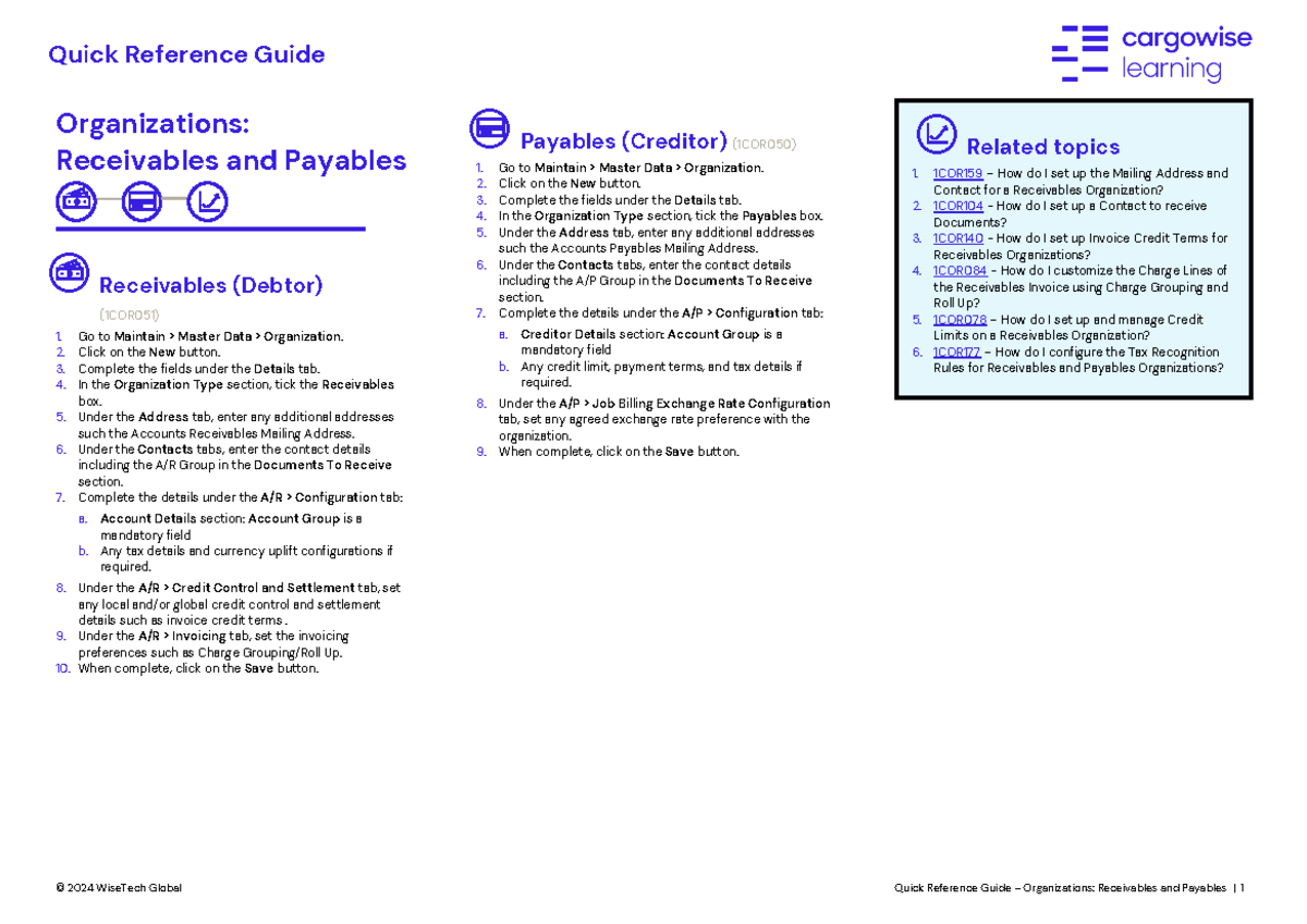 Quick Reference Guide: Org Setup for Receivables & Payables (1COR051 ...