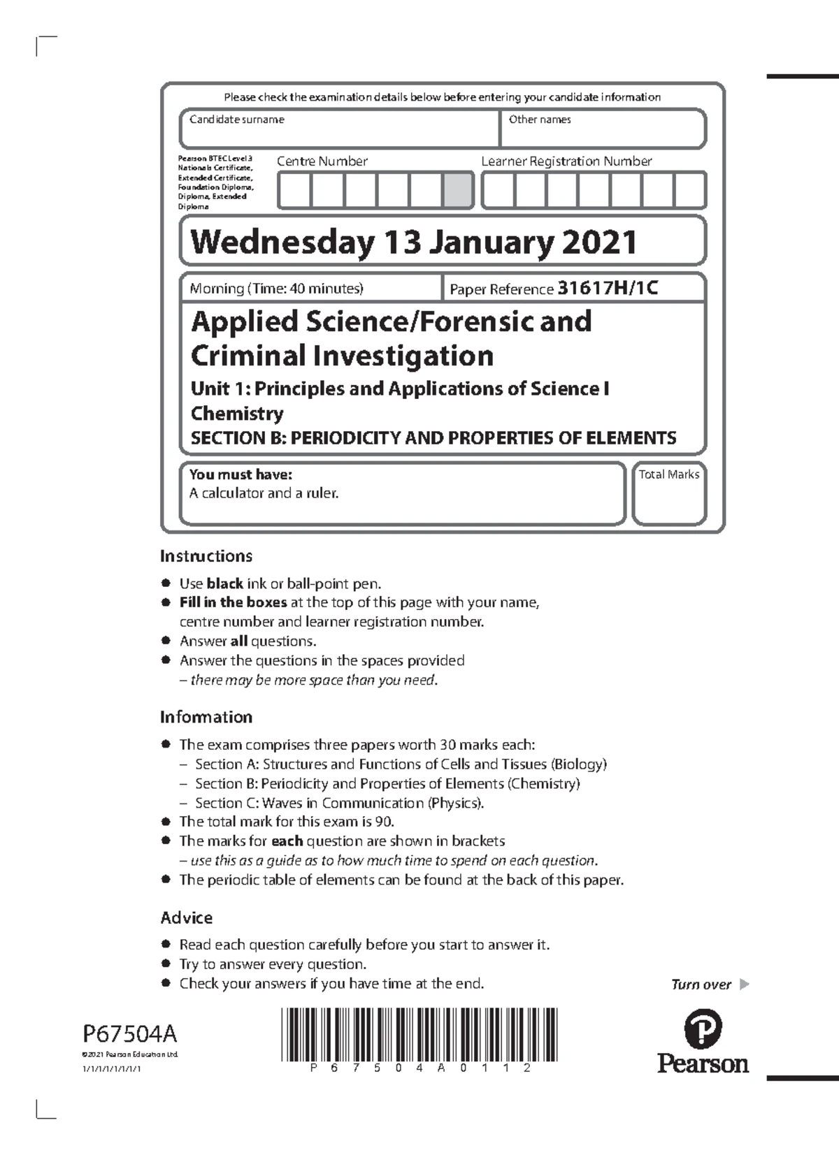 BTEC Level 3 Nationals Unit 3: Science Investigation Skills Exam Paper ...
