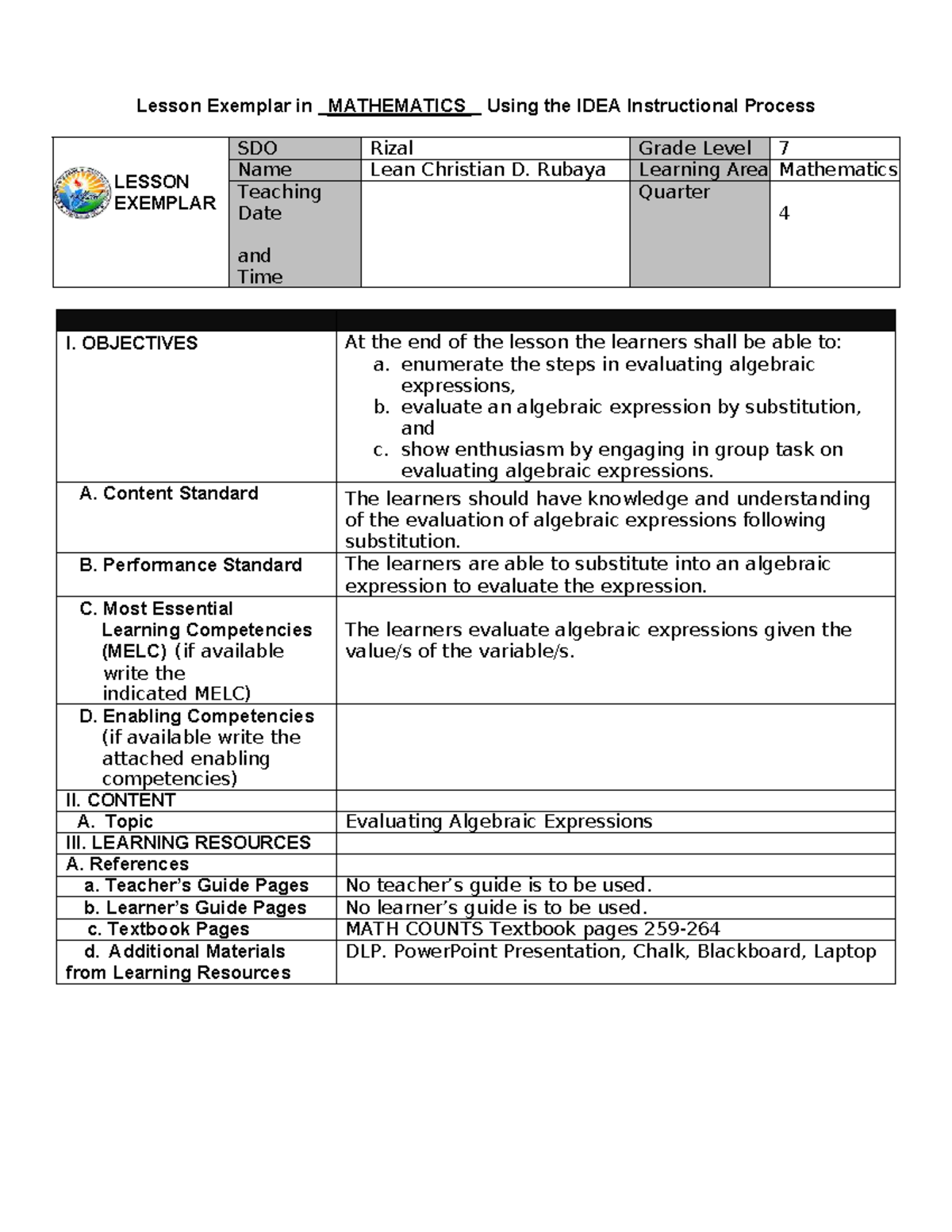 Lesson Exemplar in Mathematics (Grade 7) on Evaluating Algebraic ...