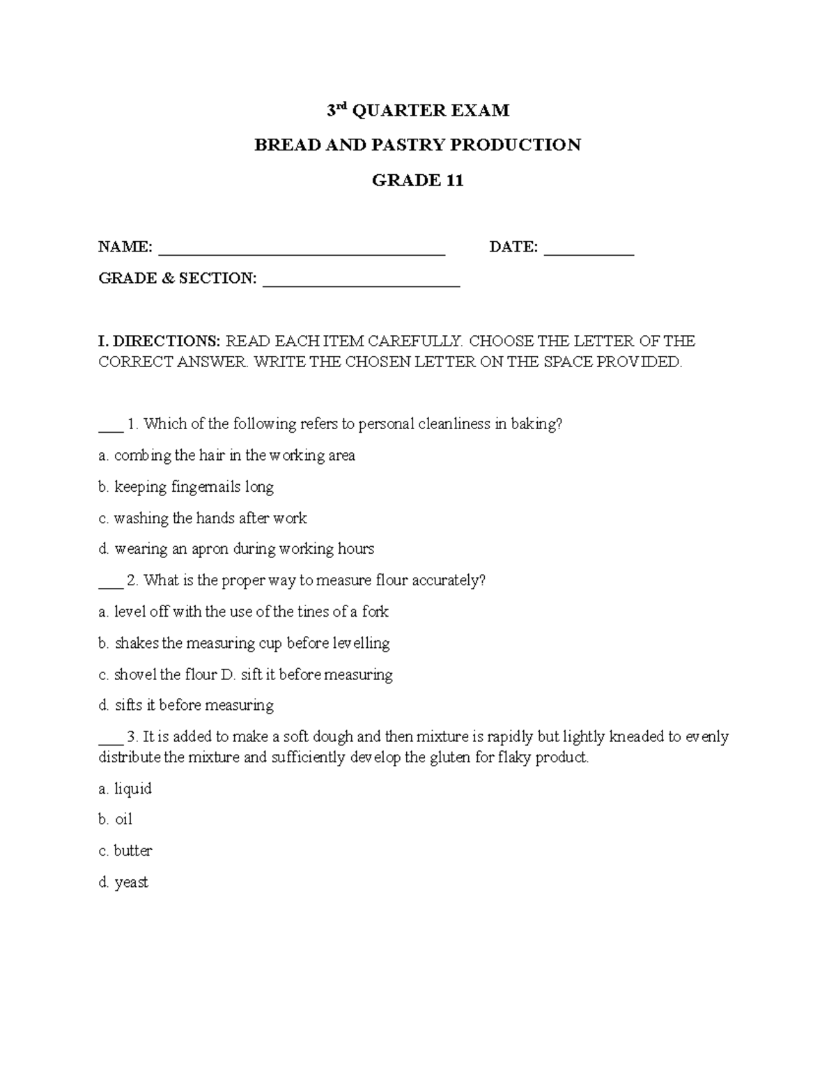 Grade 11 BPP 3rd Quarter Exam Review - Bread & Pastry Production - Studocu