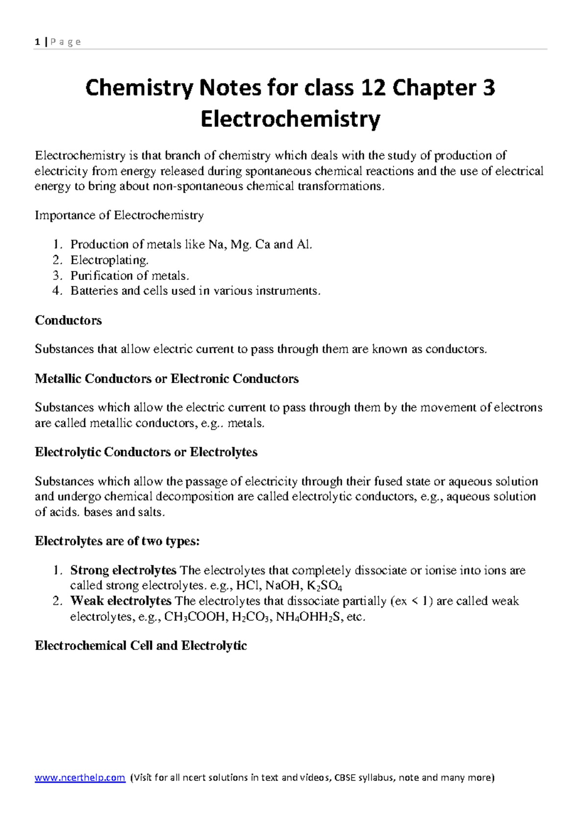 12 - Chemistry Notes: Electrochemistry Overview and Key Concepts - Studocu
