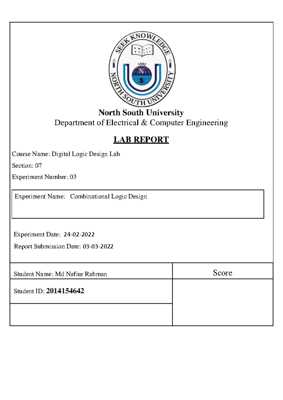Digital Logic Design Lab Report 3: Combinational Logic Analysis - Studocu