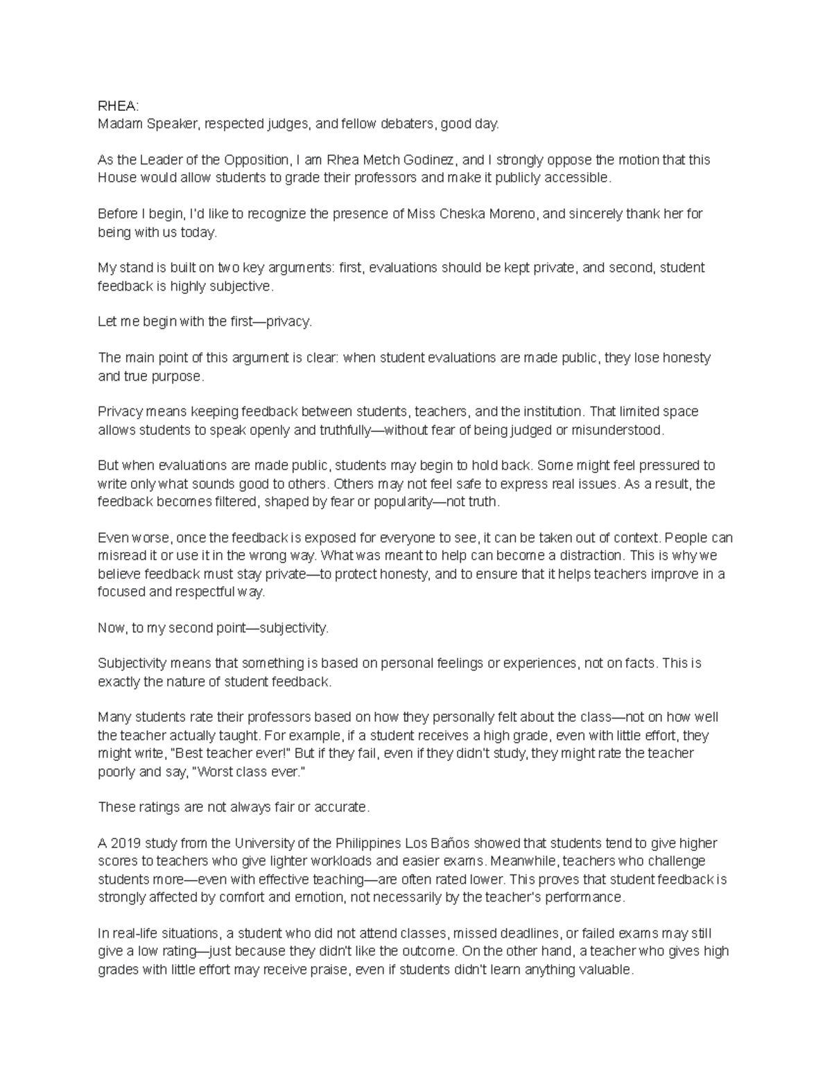 Debate Notes: RHEA - Opposition to Public Student Evaluations (Debate 1 ...