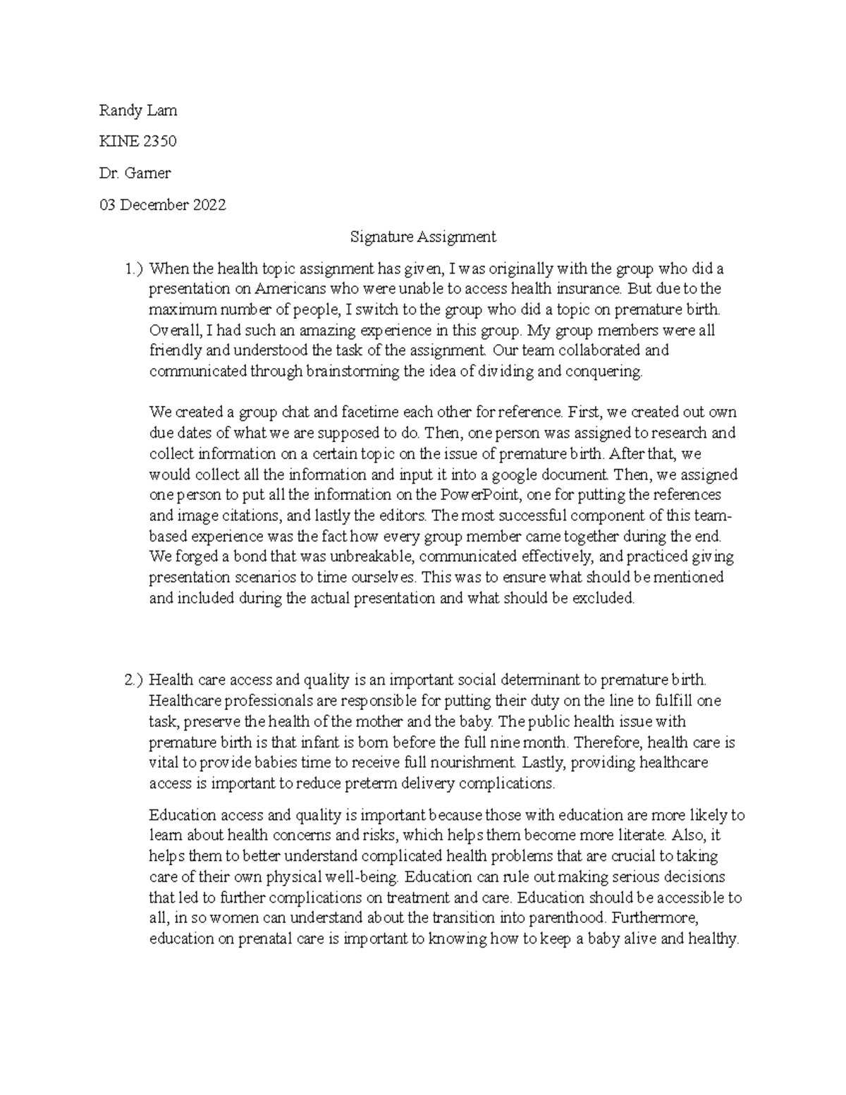 KINE 2350 Signature Assignment: Final Reflection on Premature Birth ...