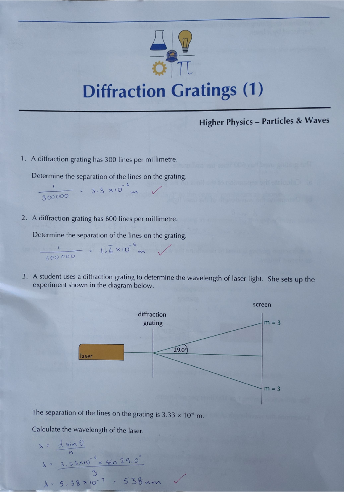 ID TL Diffraction Gratings: Higher Physics Waves & Particles Study ...