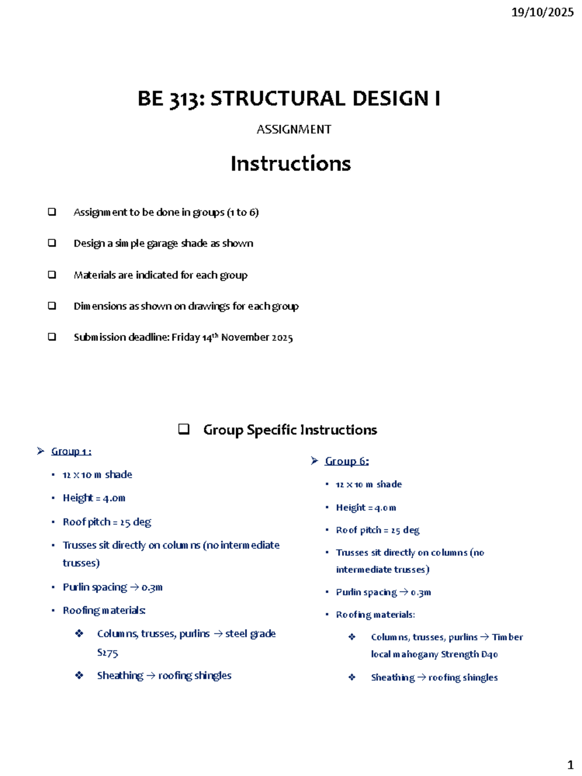 BE 313: Structural Design I - Group Assignment Instructions - Studocu
