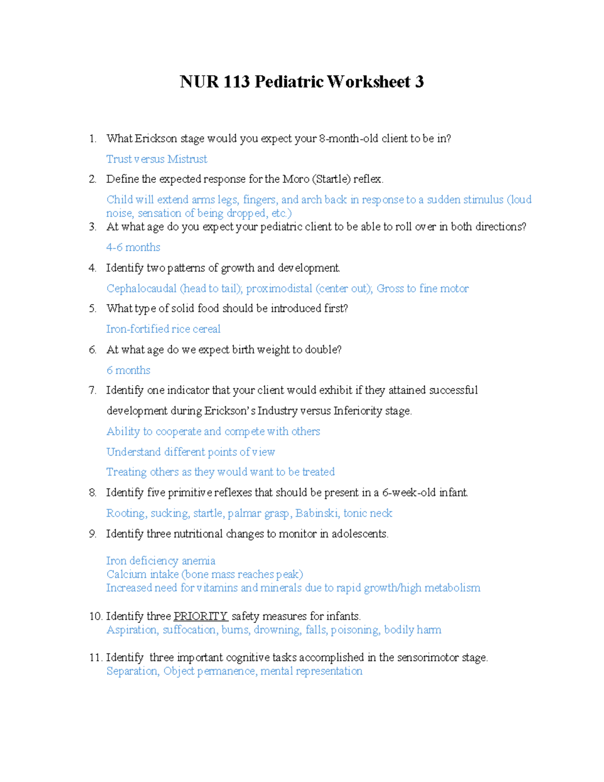 Pediatric Worksheet Three Answerkey - NUR 113 Pediatric Worksheet 3 ...