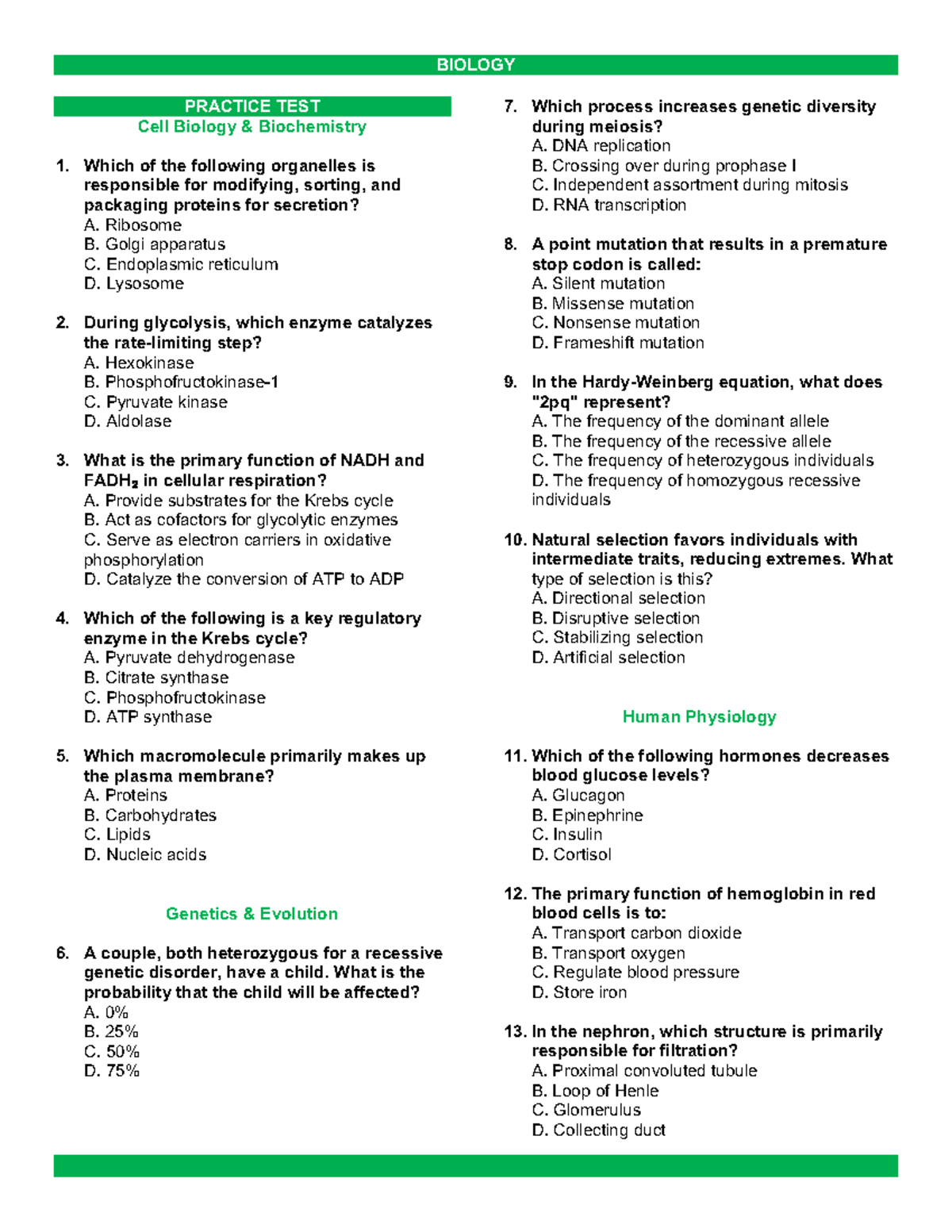 BIOLOGY 101: Practice Test on Cell Biology, Genetics, and Physiology ...