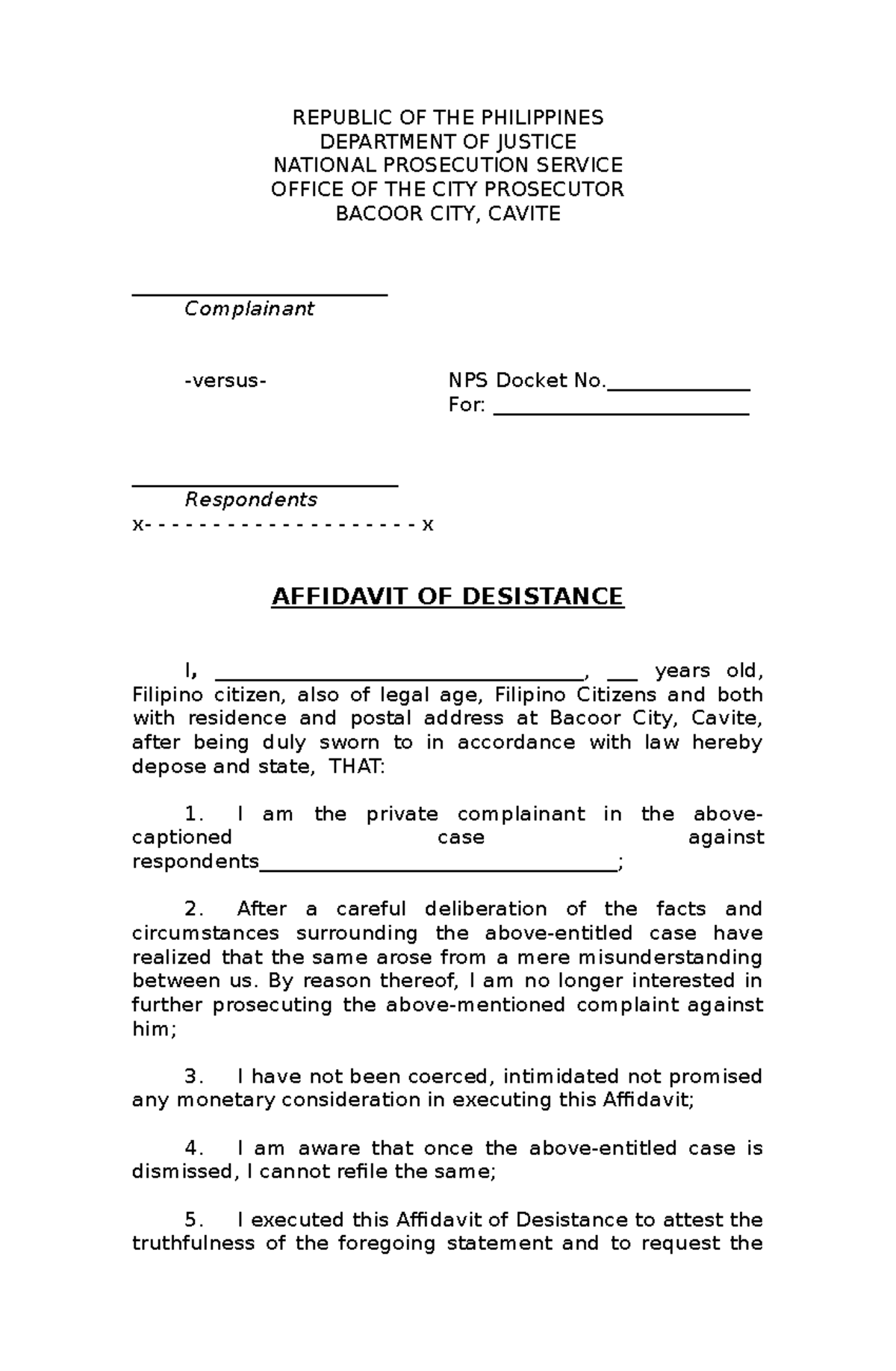 Affidavit of Desistance in NPS Docket No.___________ - Studocu