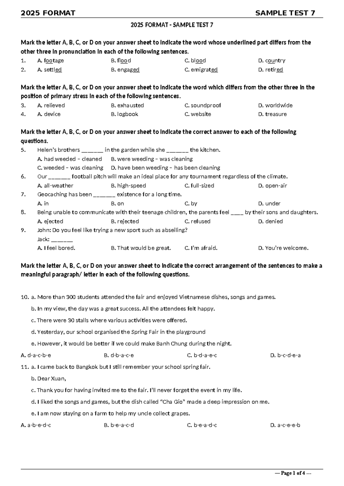 2025 FORMAT SAMPLE TEST 7: Pronunciation & Comprehension Questions ...