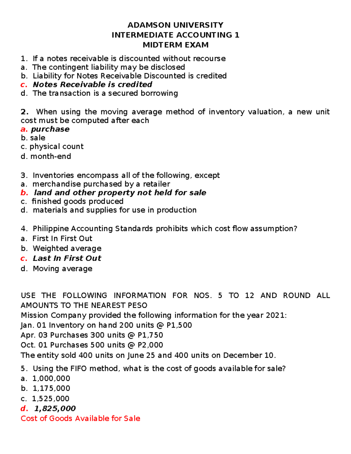 (02A) Intermediate Accounting 1 Midterm Exam Answer Key - Studocu