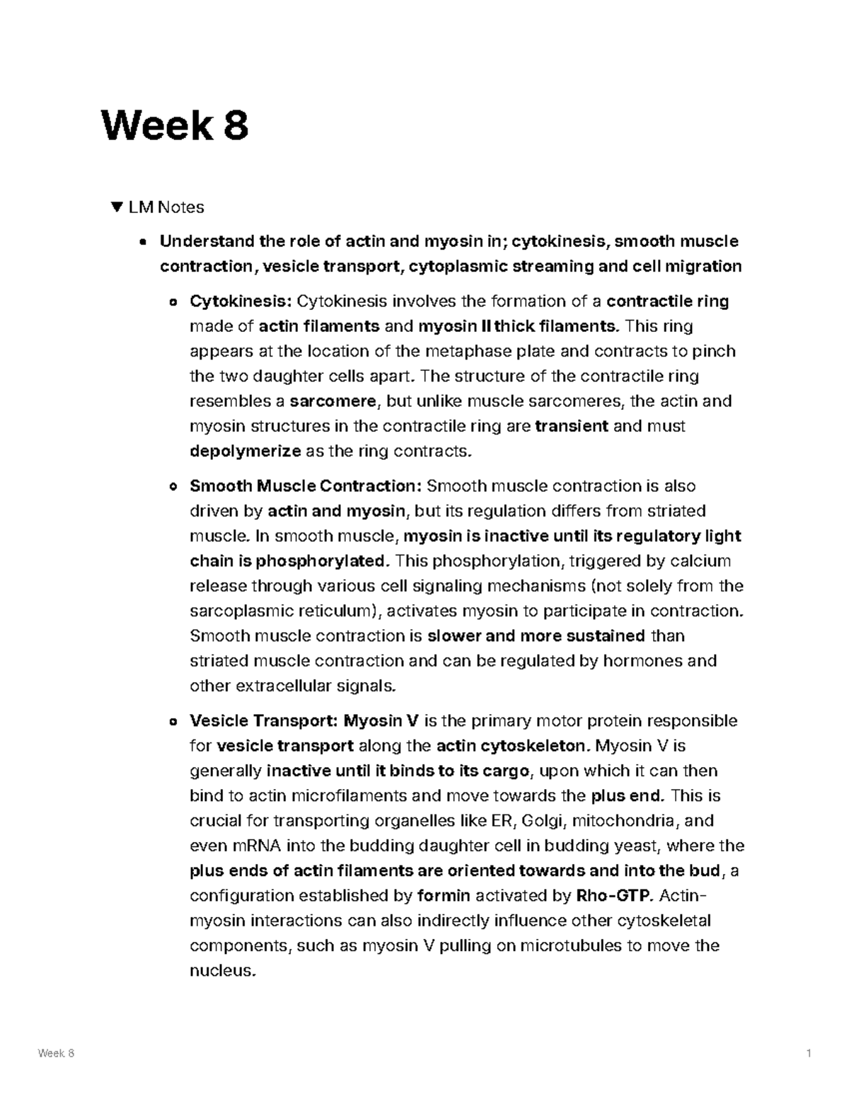 CB Week 8 Lecture Notes: Actin, Myosin, and Cell Dynamics - Studocu