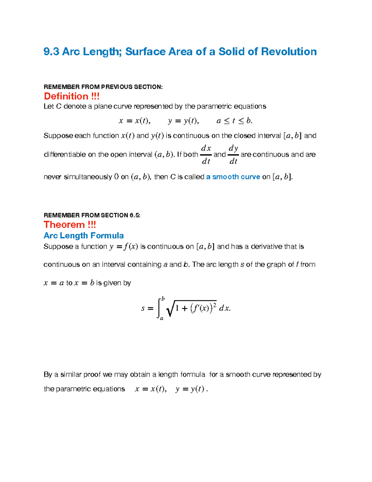 Sec 9.3 - Arc Length & Surface Area of Smooth Curves - Studocu