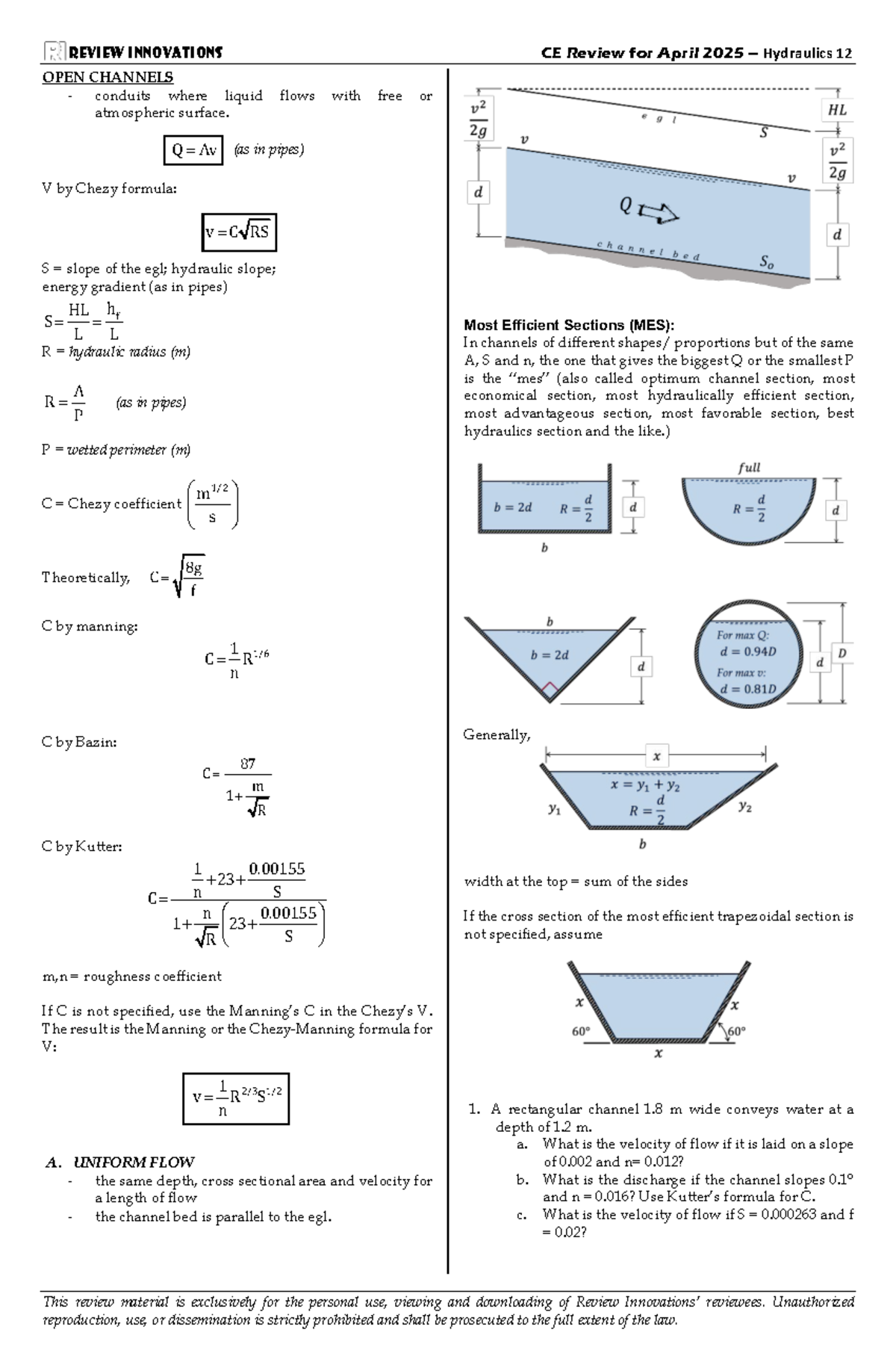 CE Hydraulics 12 Review: Open Channels & Flow Calculations - Studocu