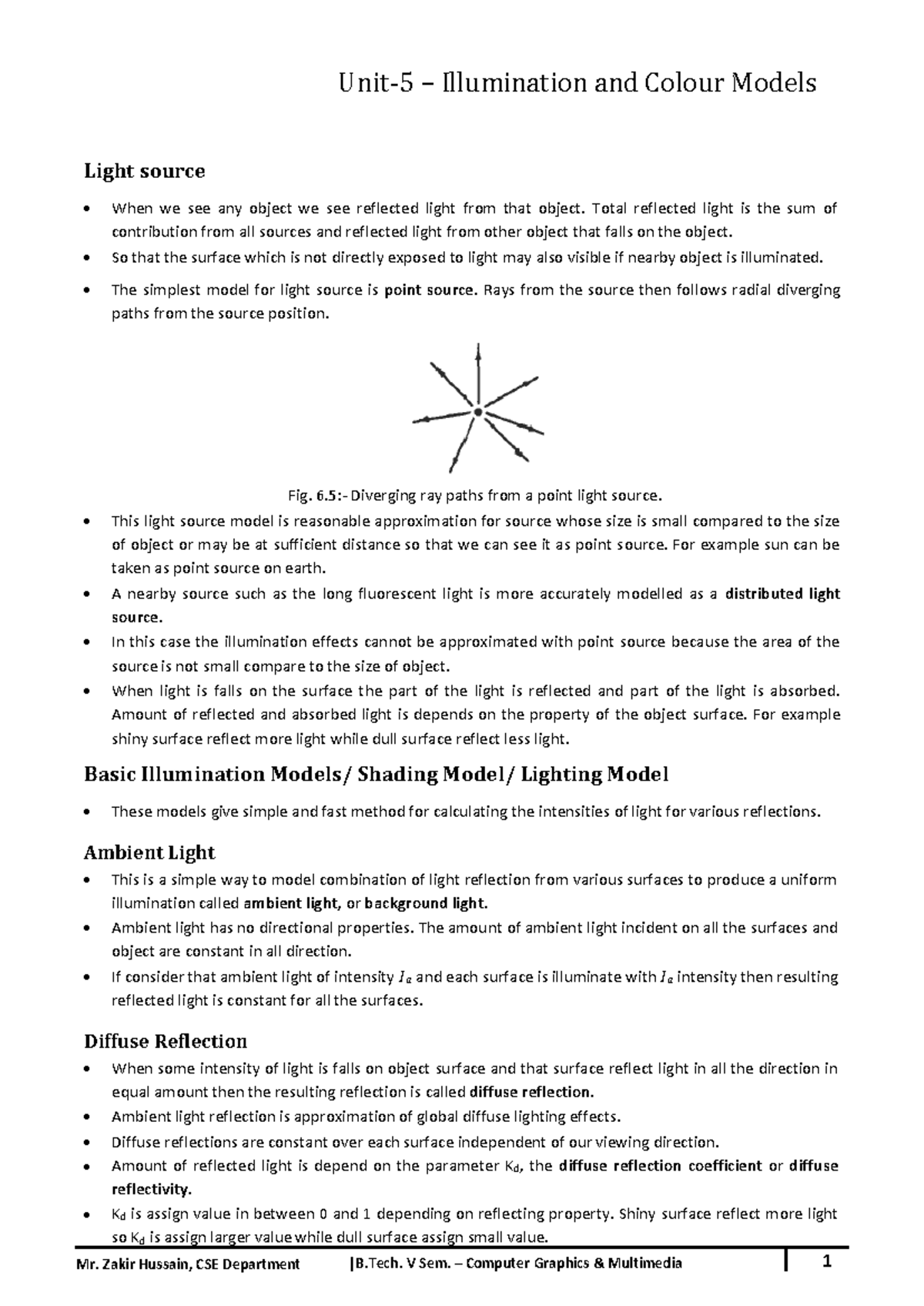 Unit-5-Illumination and Colour Models - Light source When we see any ...