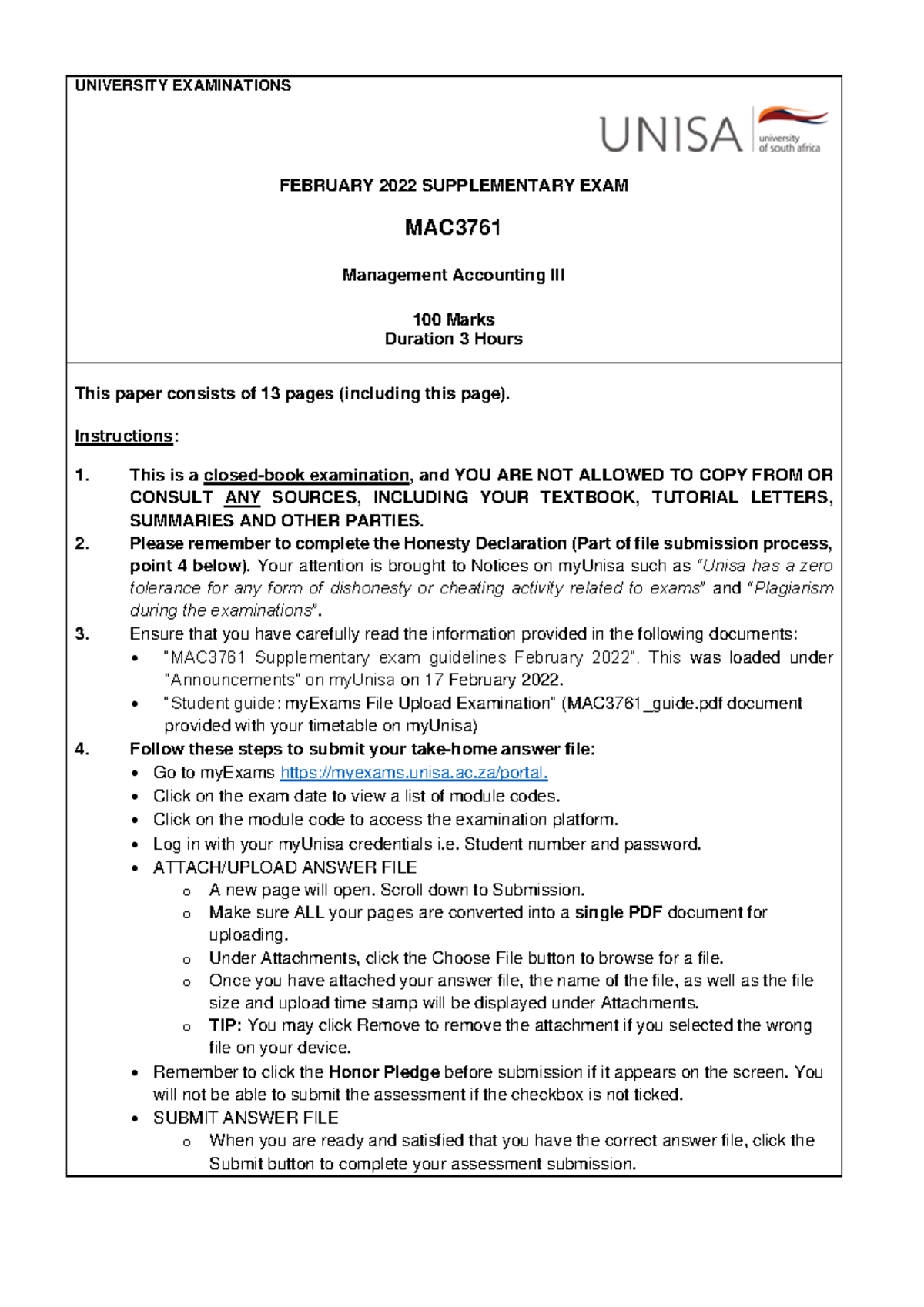MAC3761 Supplementary Exam February 2022: Guidelines & Questions - Studocu