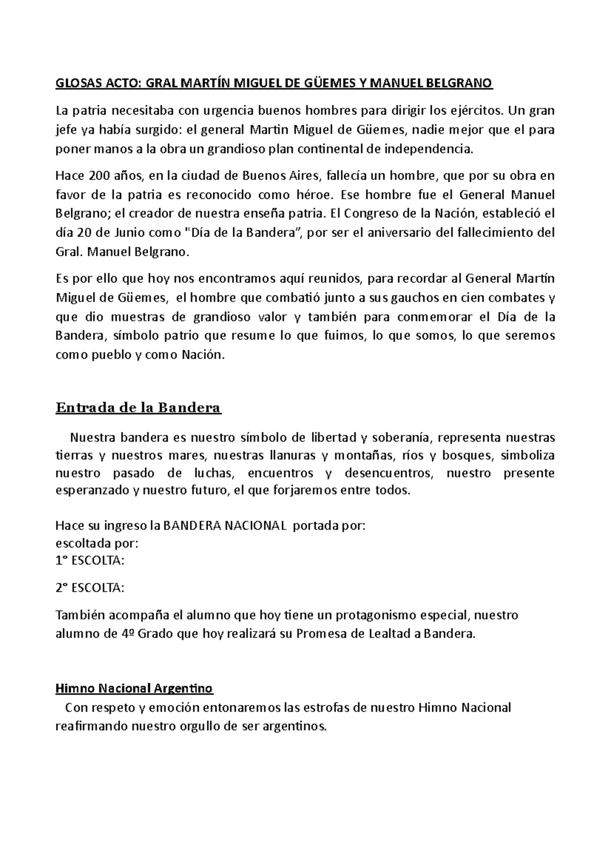 Glosas guemes y belgrano - GLOSAS ACTO: GRAL MARTÍN MIGUEL DE GÜEMES Y ...