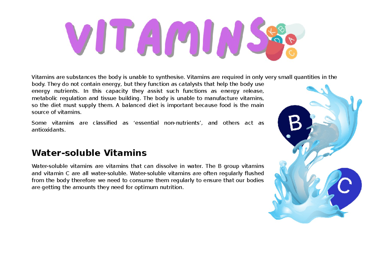 Vitamins: Essential Nutrients for Optimal Health and Function - Studocu