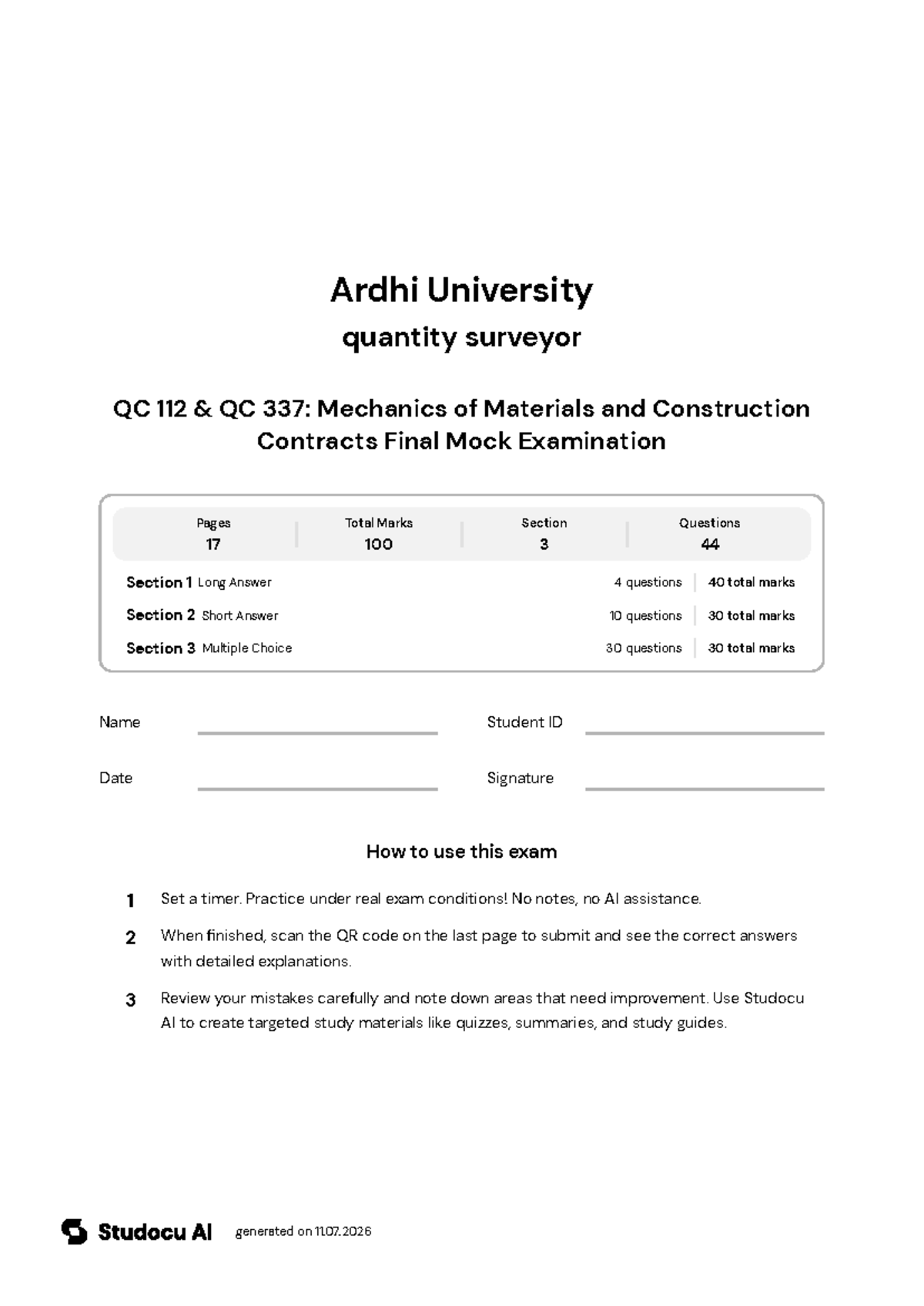 QC 112 & QC 337 Final Mock Exam on Mechanics and Contracts - Studocu