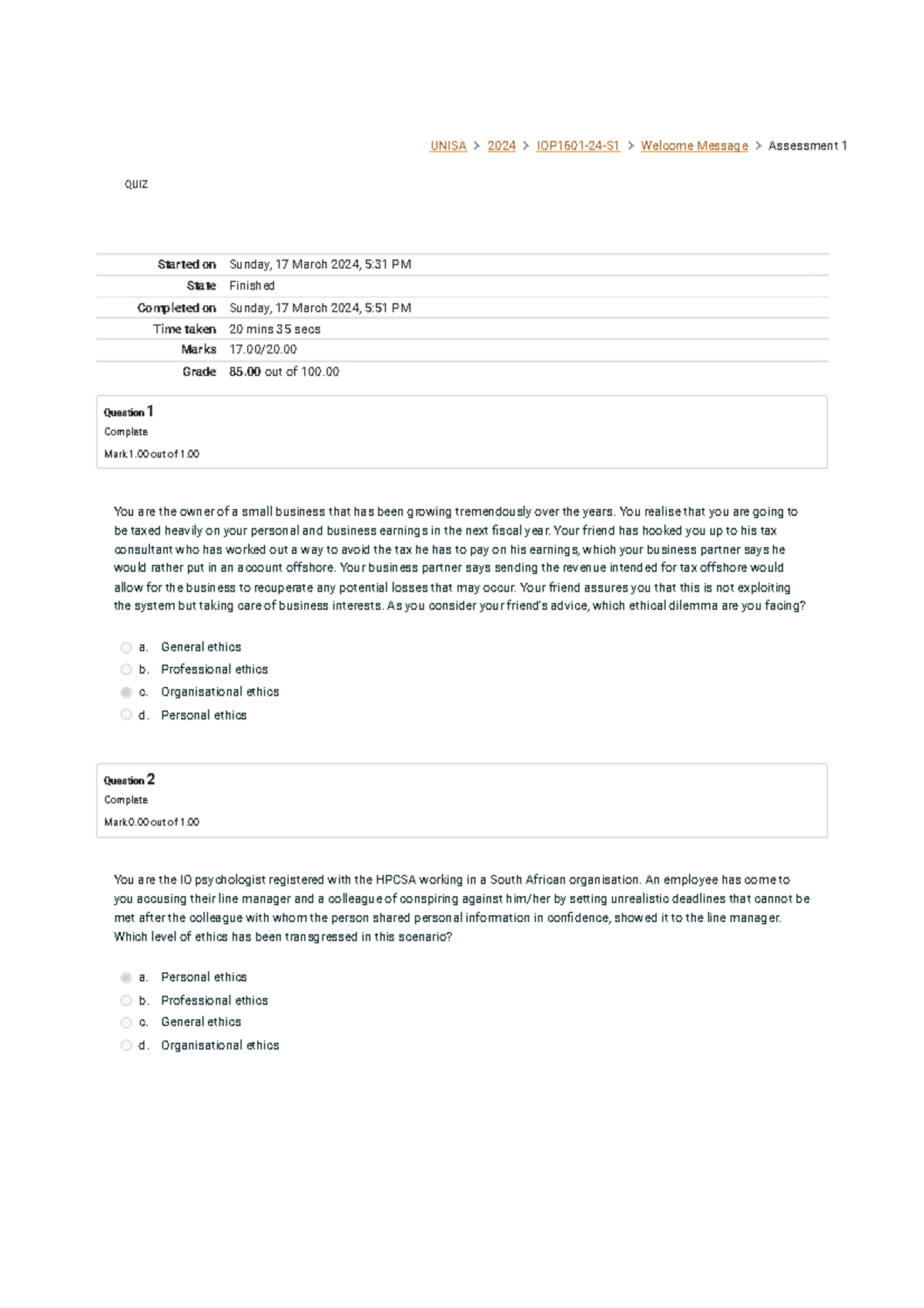 Assessment 1 Review for IOP1601 - Completed Quiz Summary - Studocu