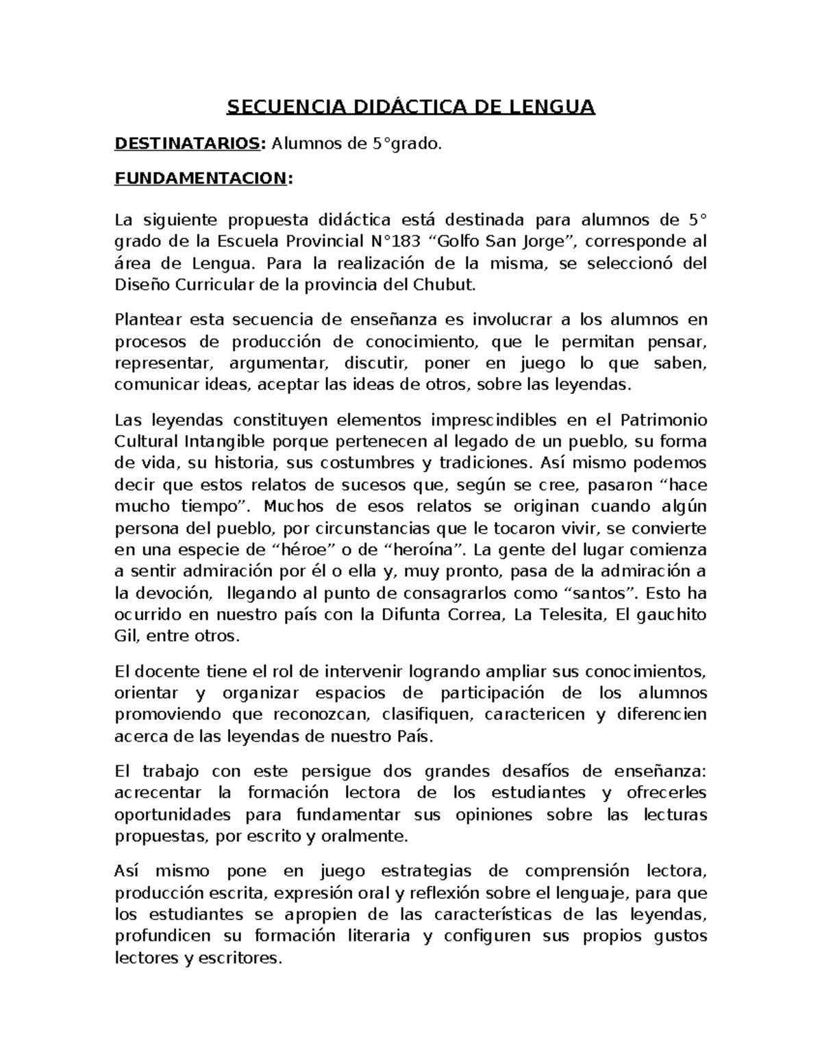 Secuencia Didáctica de Leyendas para 5° Grado - Lengua - Studocu