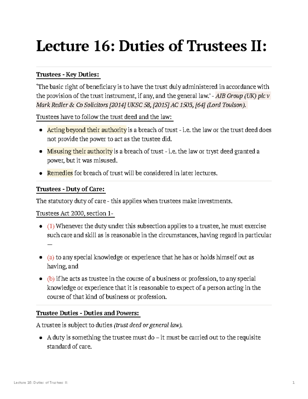 Lecture 16: Key Duties and Powers of Trustees in Trust Management - Studocu