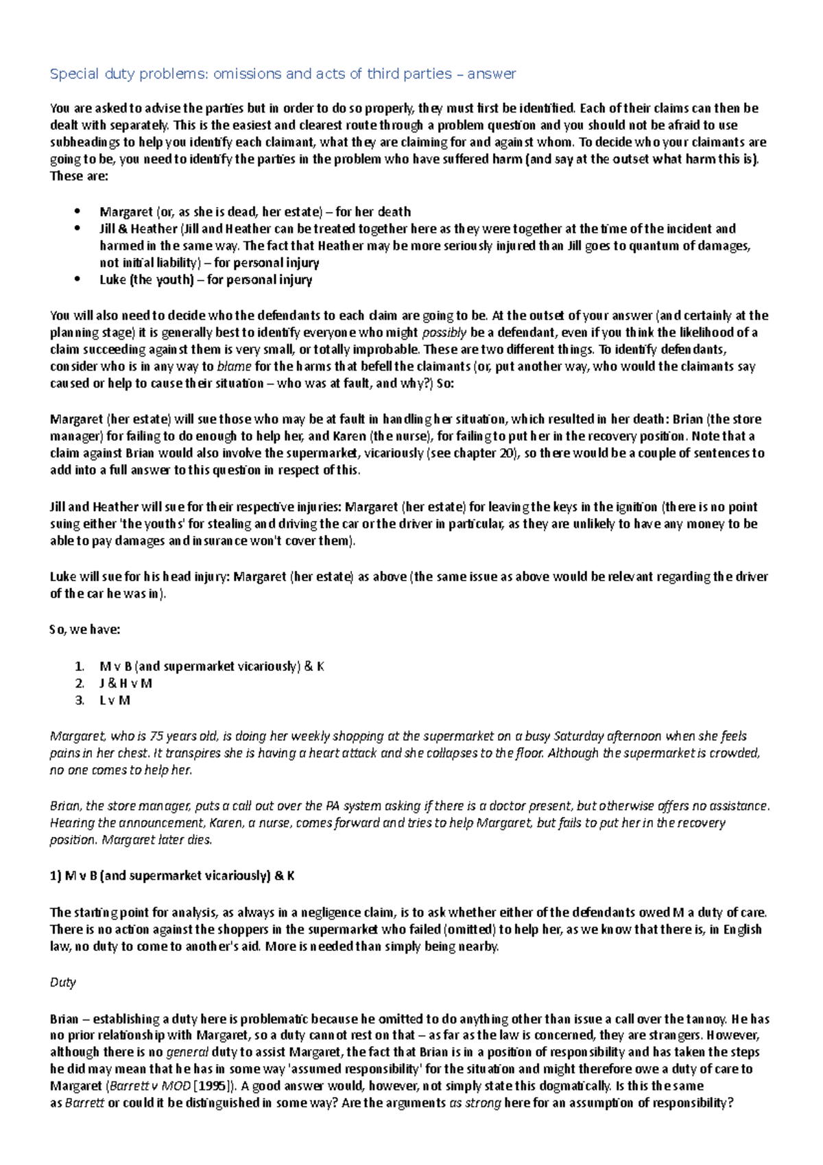 Tort Law Problem Questions Analysis: Answers from Horsey & Rackley 7e ...