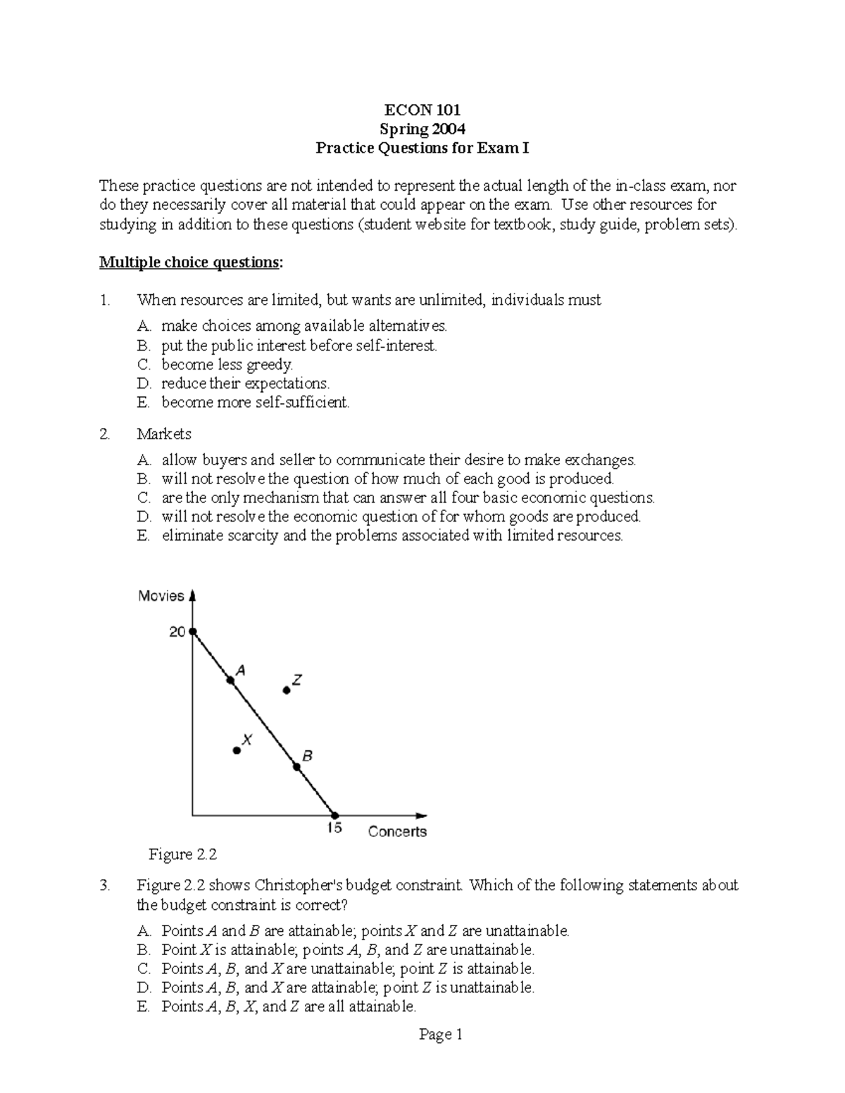 ECON 1001 Mock Exam - ECON 101 Spring 2004 Practice Questions for Exam ...