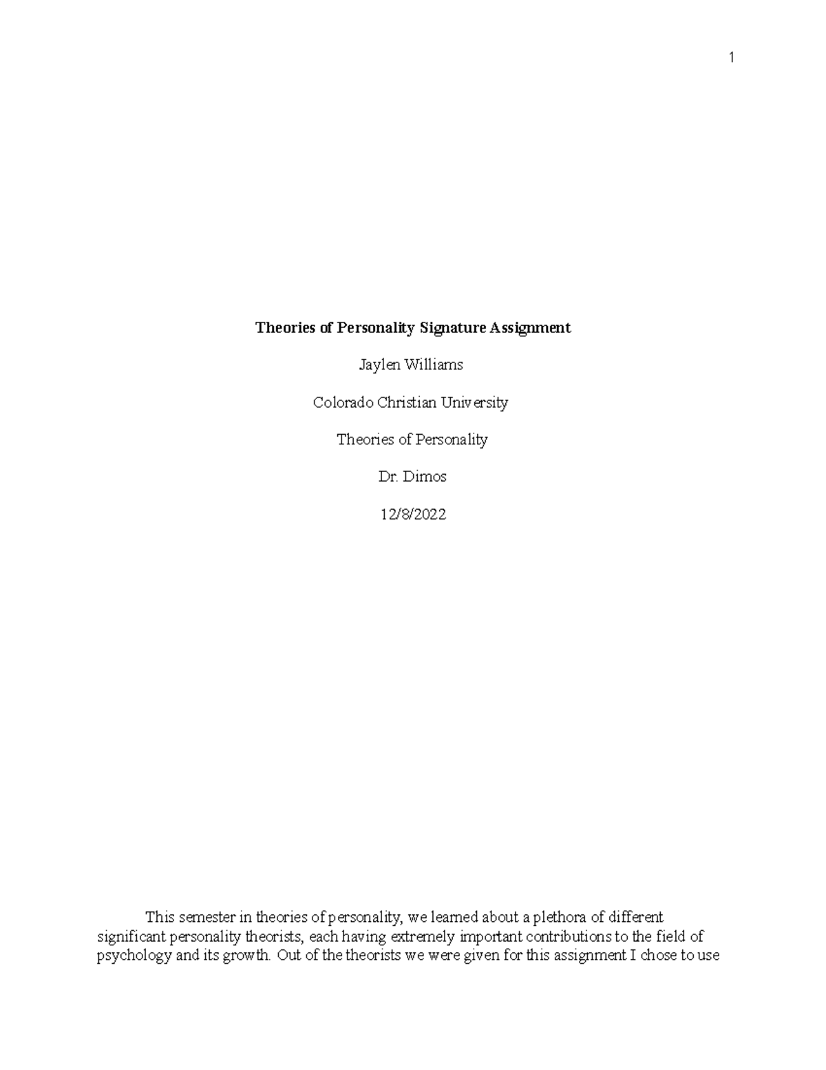 Theories of Personality Signature Assignment (PSY101) - Studocu