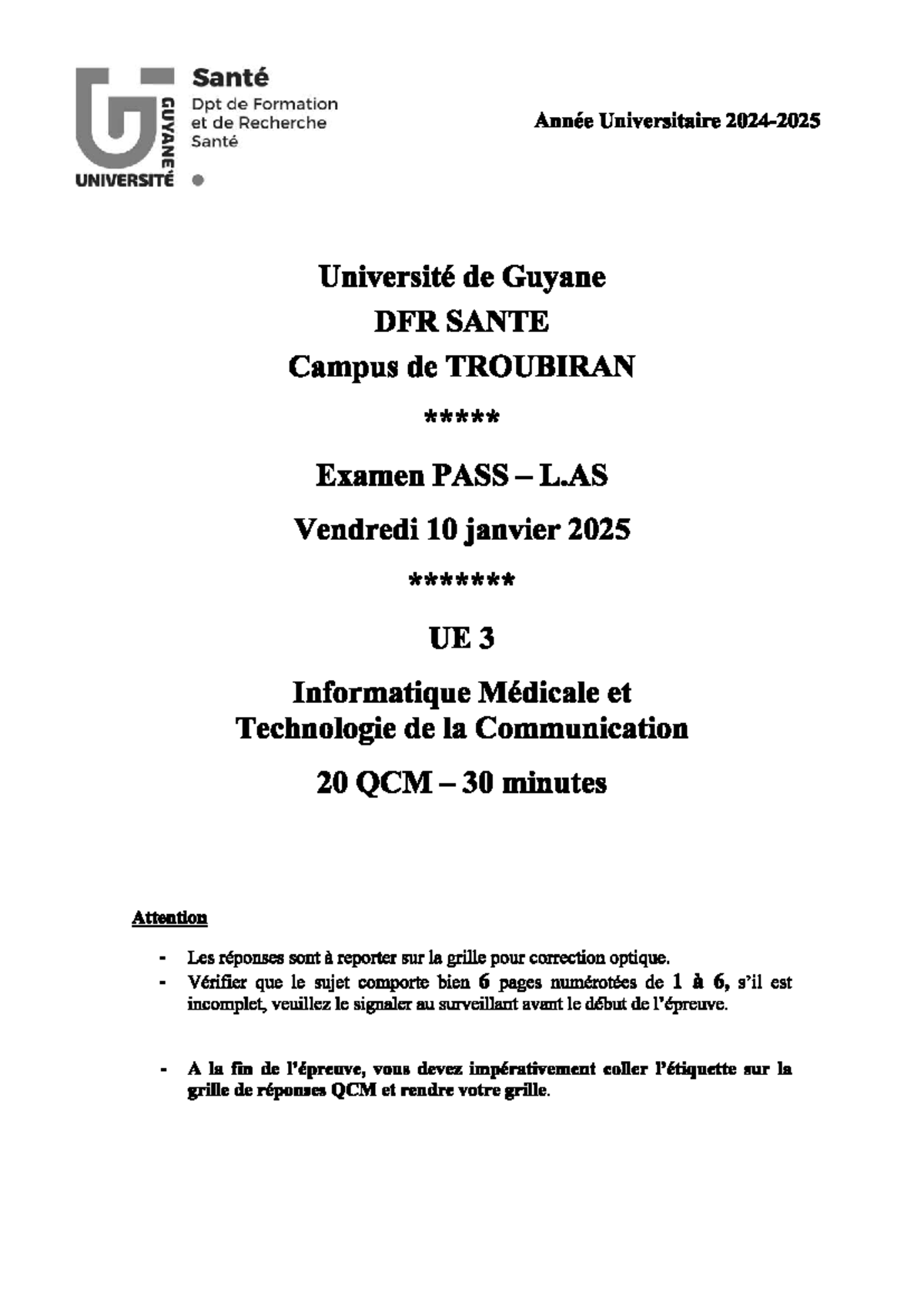 Examen PASS L.AS 2025 - Informatique Médicale et Technologies de la ...