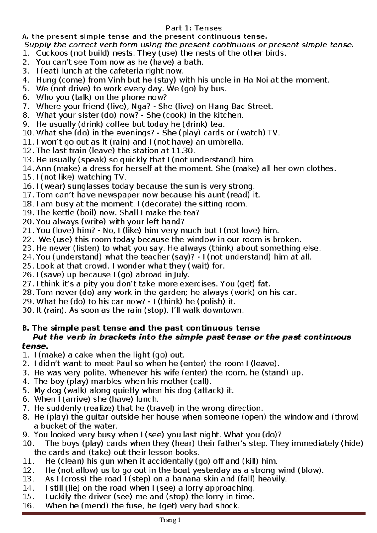 Bài tập gửi HS - This is English Practice material - Part 1: Tenses A ...