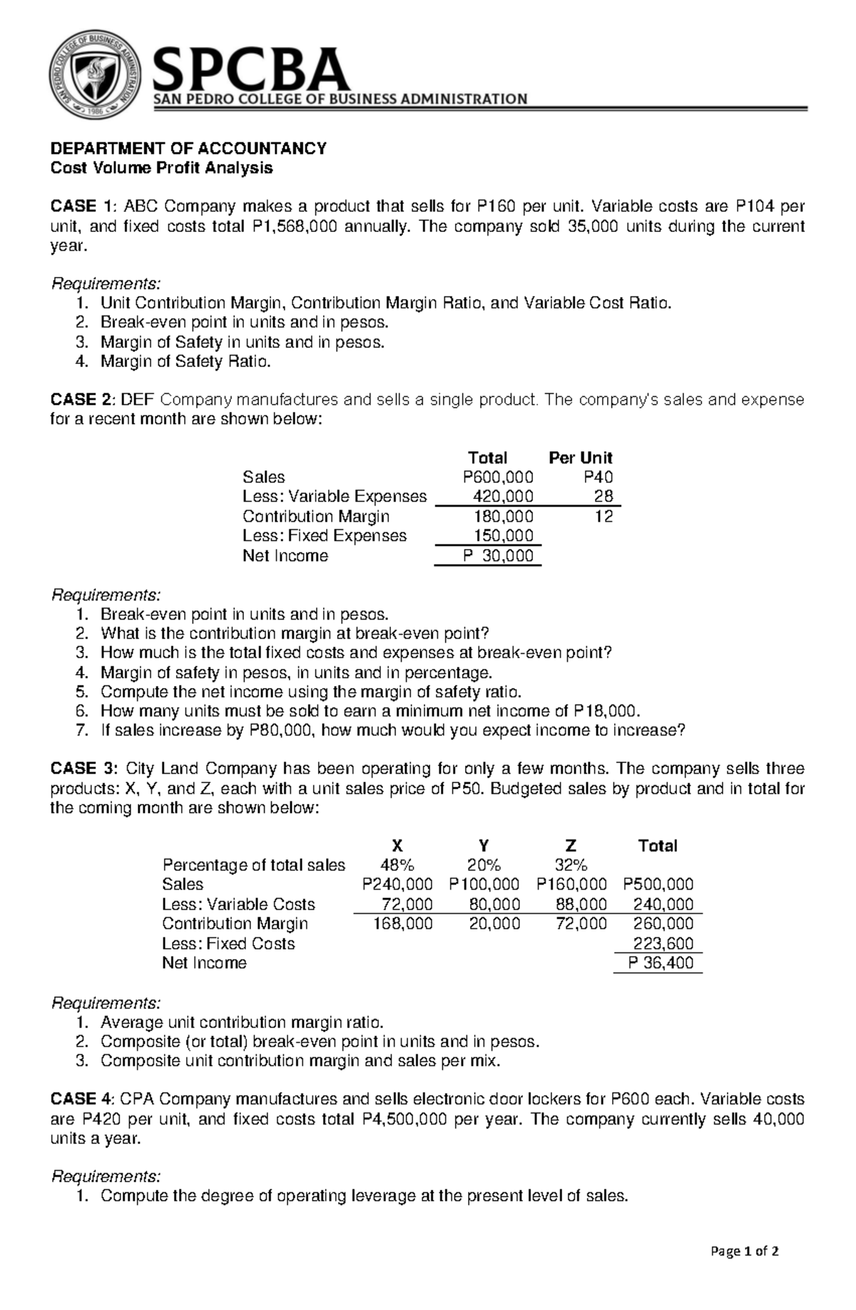 Cost Volume Profit Analysis: Case Studies for ACC 101 - Studocu