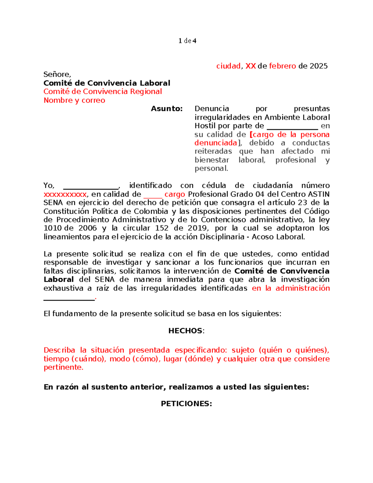 Modelo de Denuncia por Acoso Laboral - SENA 2025 - Studocu