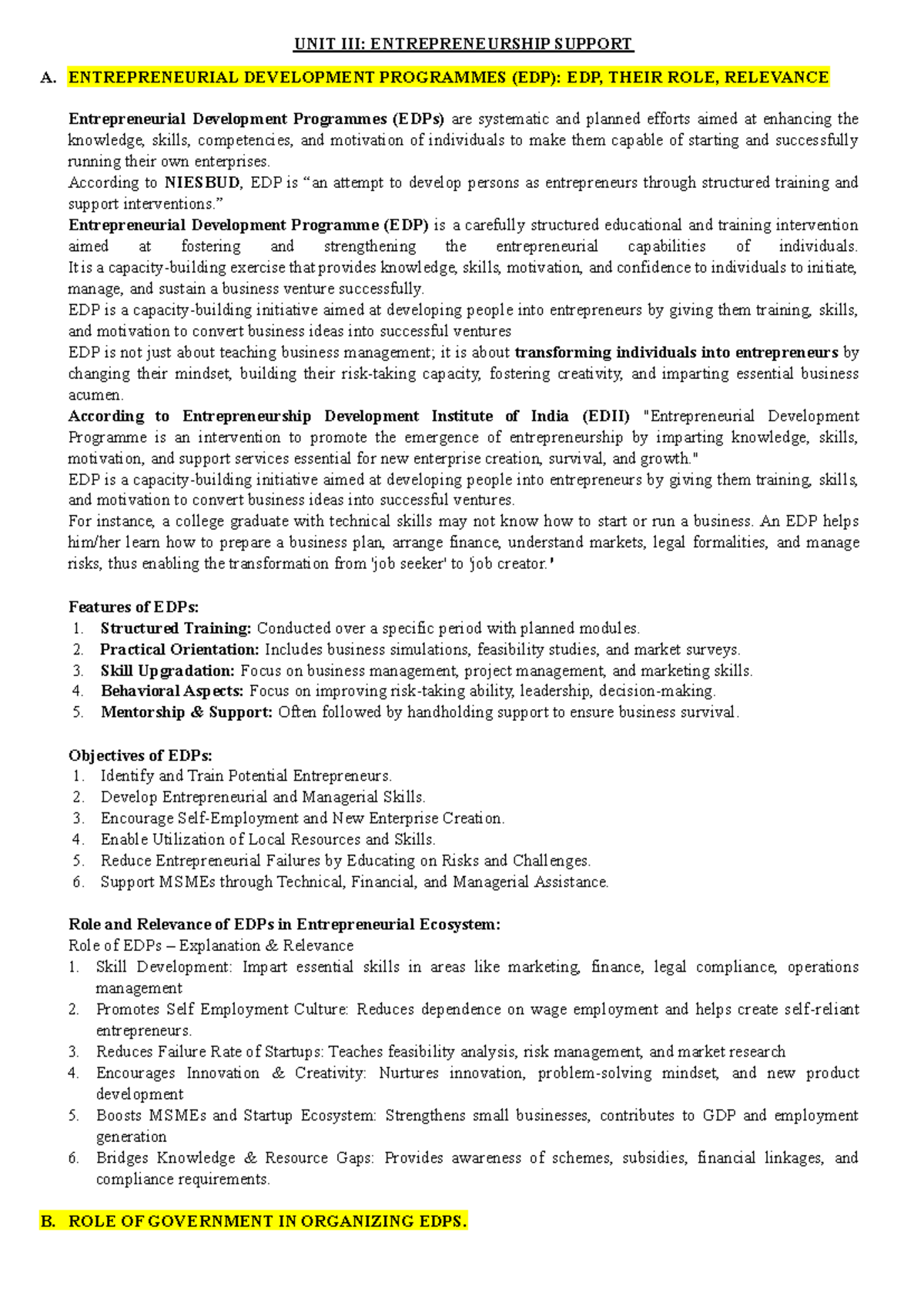 Entrepreneurship U3 & 4: EDPs, Government Role, and Economic Impact ...