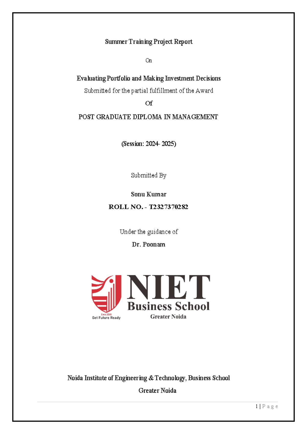 Sonu kumar - EVALUATION of PORTFOLIO and DECION MAKING - Summer ...