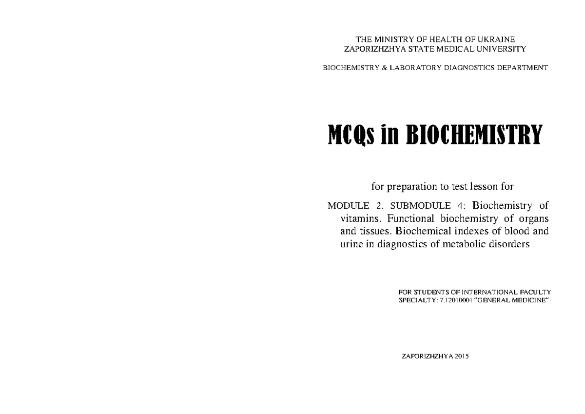 Biochemistry (Module 2, Submodule 4) Final Exam MCQs Study Guide - Studocu