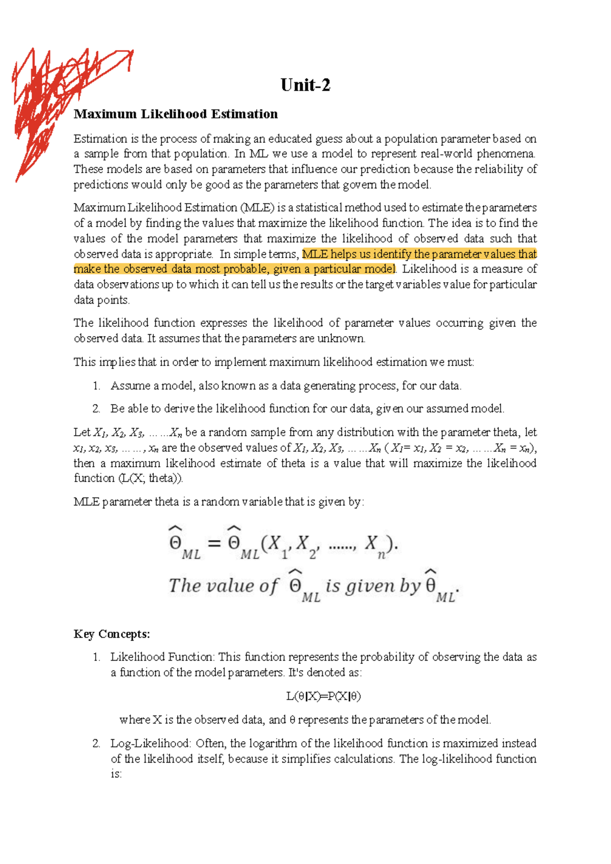 Unit-2: Maximum Likelihood Estimation and Regression Techniques - Studocu