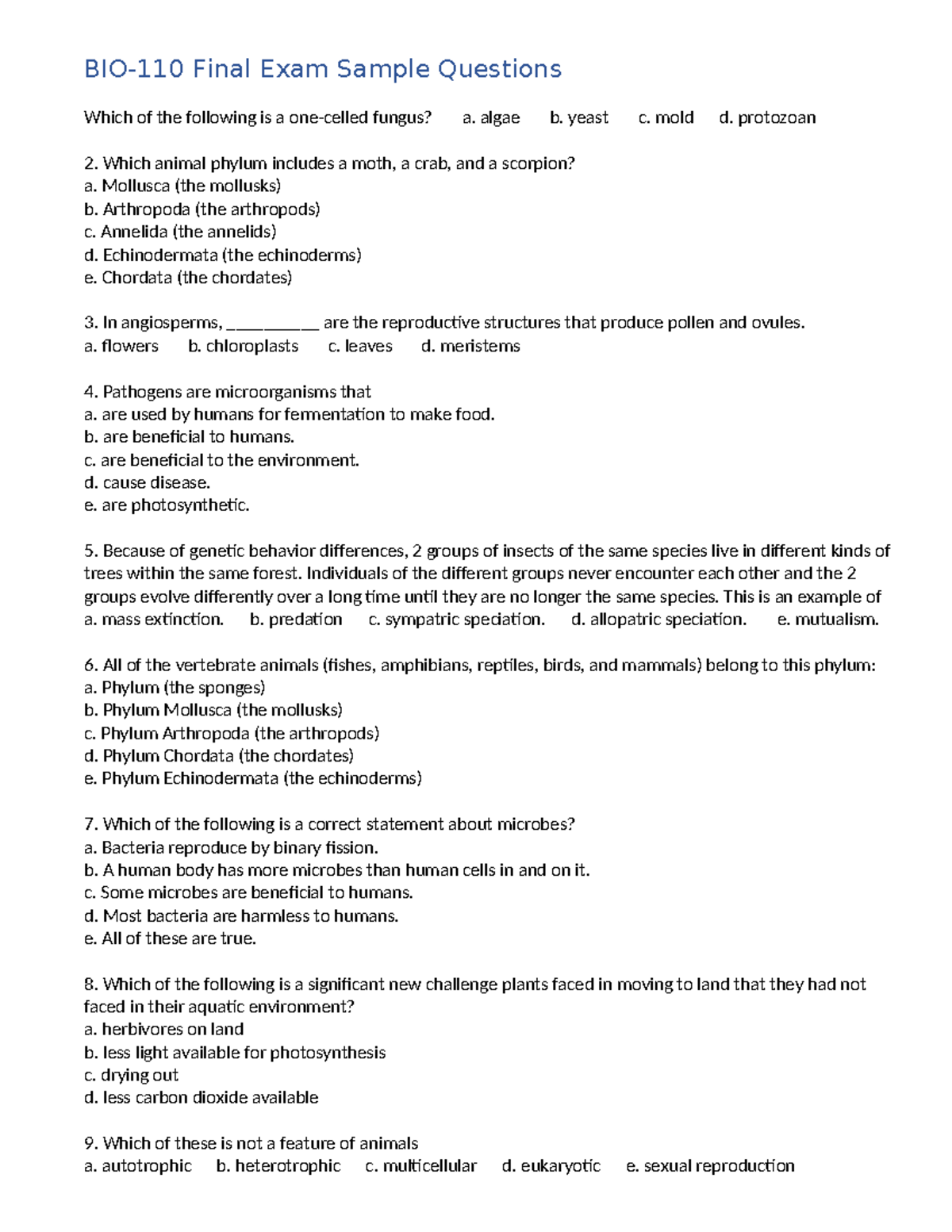 BIO-110 Final Exam Study Guide: Key Sample Questions & Answers - Studocu