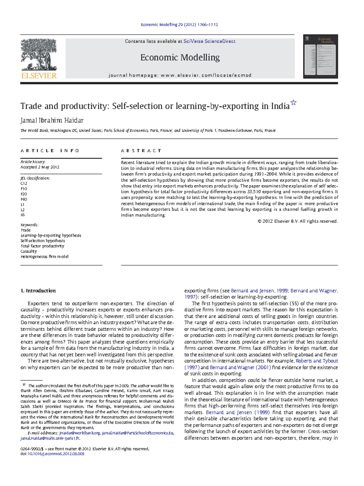 Trade and Productivity: Self-Selection vs. Learning-by-Exporting in ...