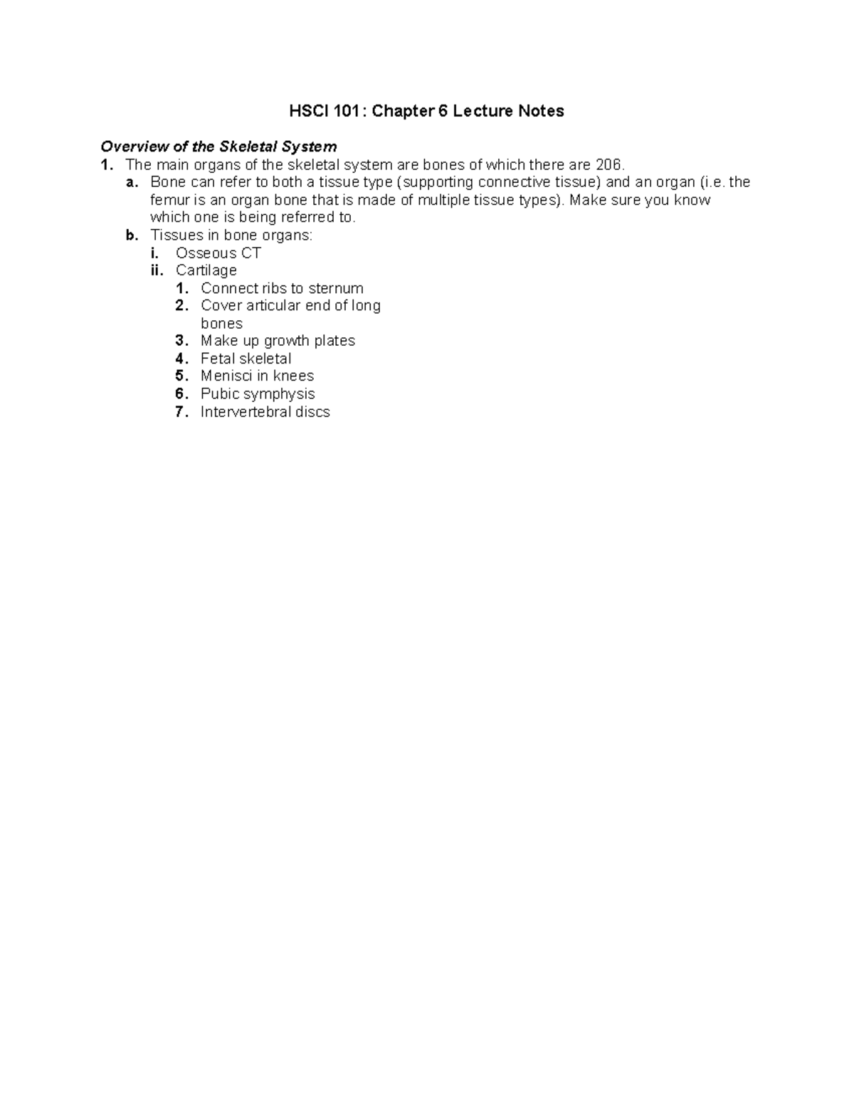 HSCI 101 Chapter 6 Lecture Notes: The Skeletal System Overview - Studocu